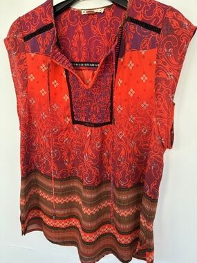 Ruff Hewn Red Patterned Cap-Sleeve Top Boho Bohemian Blouse Medium